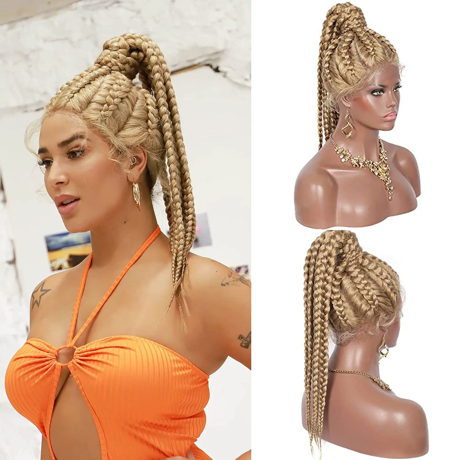 Lace Front Box Braided Wigs with Baby Hair Cornrow Twisted Synthetic Lace Frontal Mixed Black and burgundy Braided Wigs