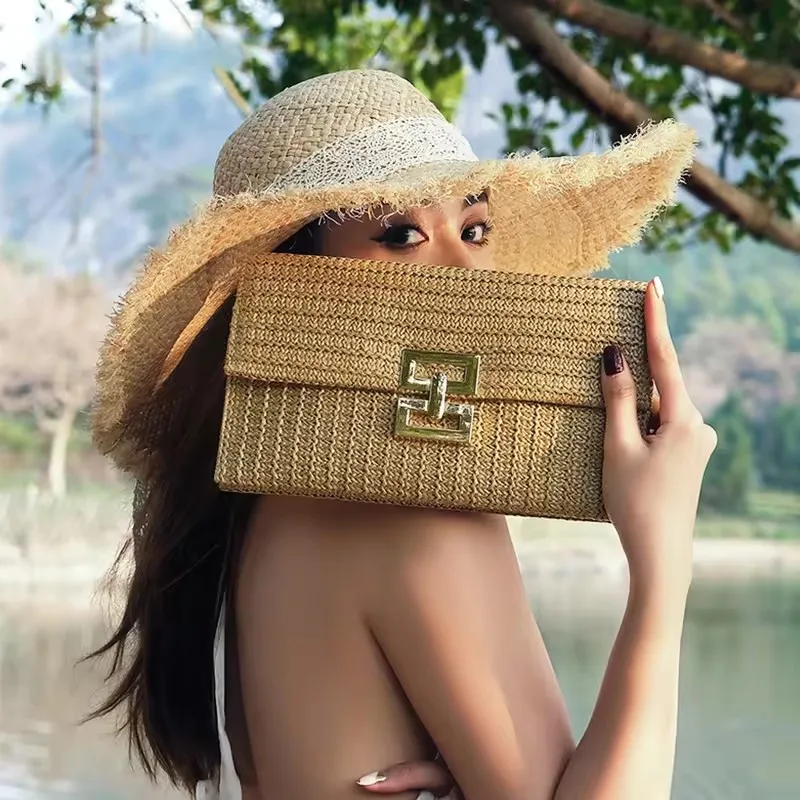 2024 New Fashion Bow Clutch Beach Picnic Travel Bag Boho Design Women Woven Raffia Straw Tote Handbag Purse for Ladies