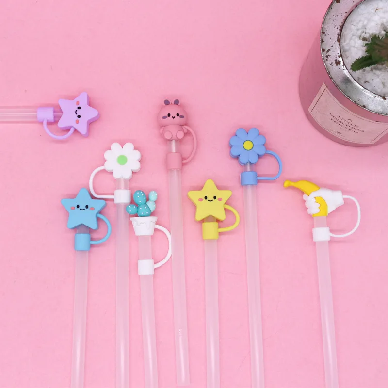 Wholesale of new silicone soft adhesive large diameter 10mm straw hat cartoon doll PVC dust plug straw protection sleeve