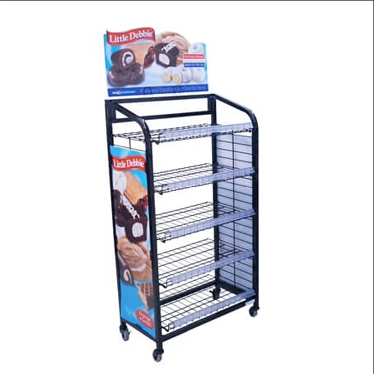 3-4 Tiers Snack Display Retail Shelf Wholesale Supermarket Black Metal Bread Wire Rack With Caster Whee