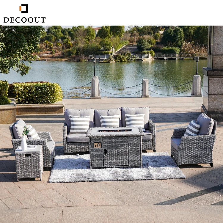 Upgraded And Heighten 5-piece Outdoor Wicker Rattan Patio Sofa Set With Gas Fire Pit Table And Burner System And Cushions