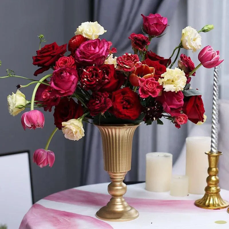 Gold Metal Small Vintage Urn Trumpet Vase for Home, Wedding Table Centerpiece,  Flower Arrangement Pot for Anniversary, Ceremony