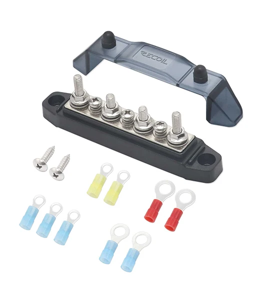 Edge BBS43-B Bus Bar 4 x 1/4in Studs, 3 x #8 Screw Terminals Power Distribution Block with Ring Terminals (Single Black)