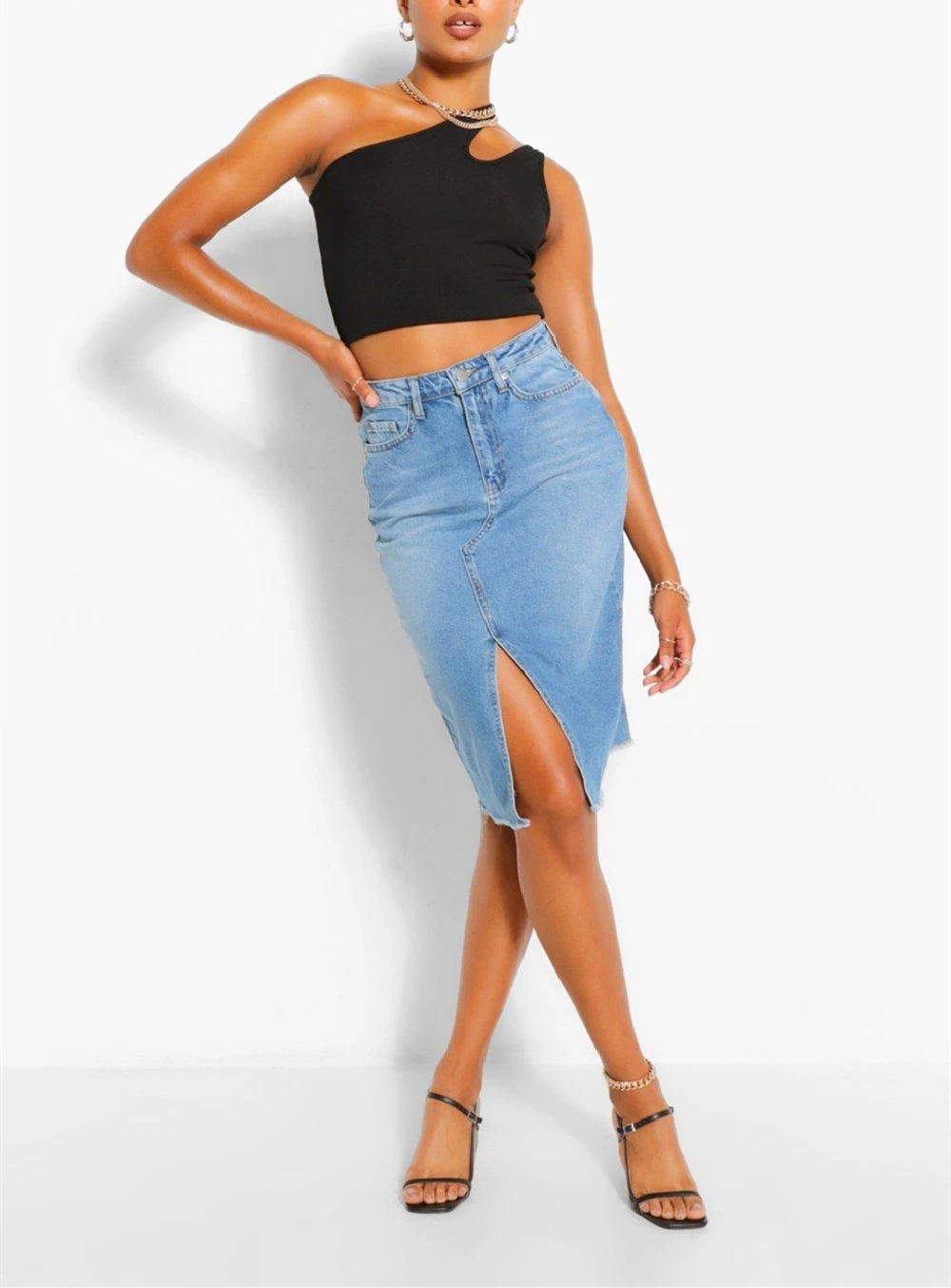 Wholesale custom split straight knee length bodycon female blue high waist women fall long denim midi jean skirts for ladies