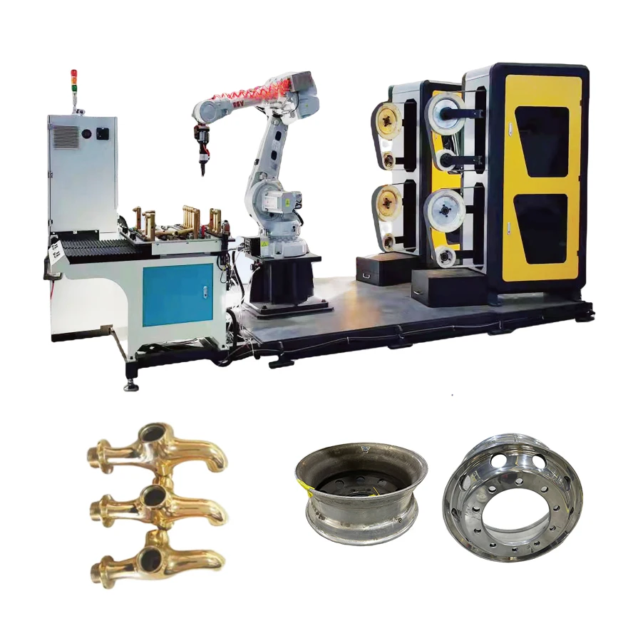 Robotic station copper water tap stainless steel elbow tube wheel rim abrasive belt grinding polishing machine