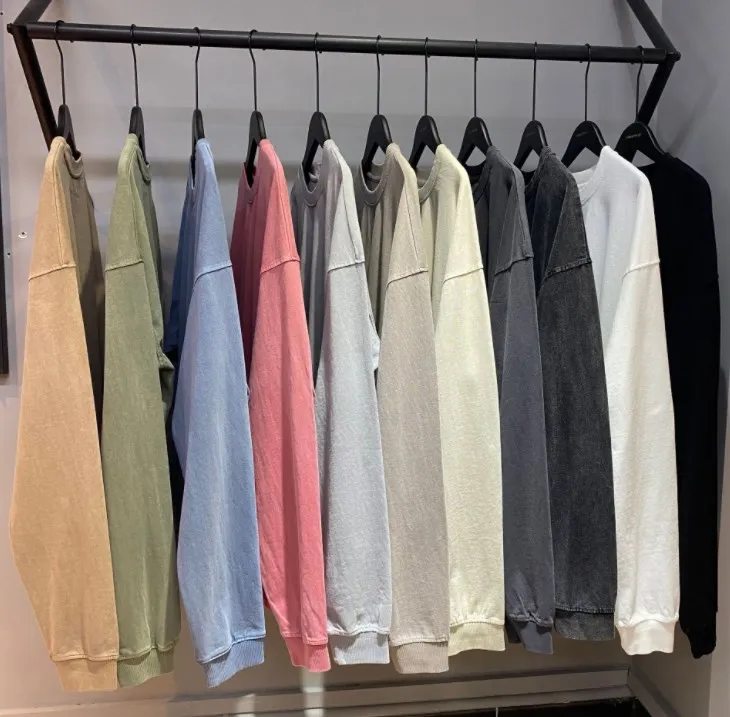 Wholesale Ready To Ship Matching Color Long Sleeve Shirt Streetwear Pigment Dye Vintage Wash Full Sleeve T Shirt Men