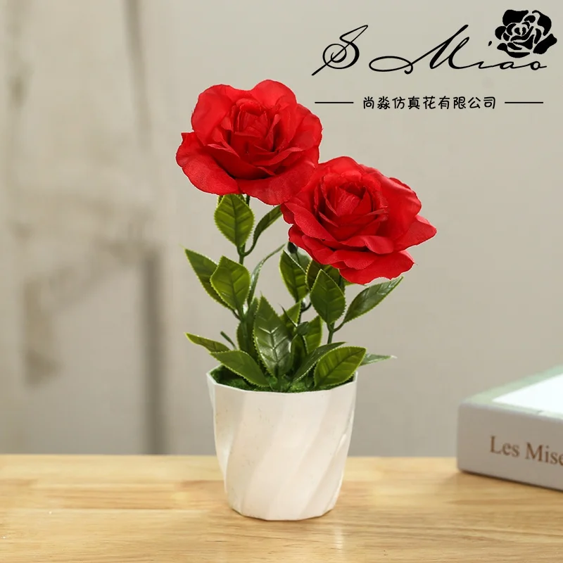 Living Room Indoor Plant Decoration Two-headed Rose Bonsai Simulated Artificial Plant Bonsai