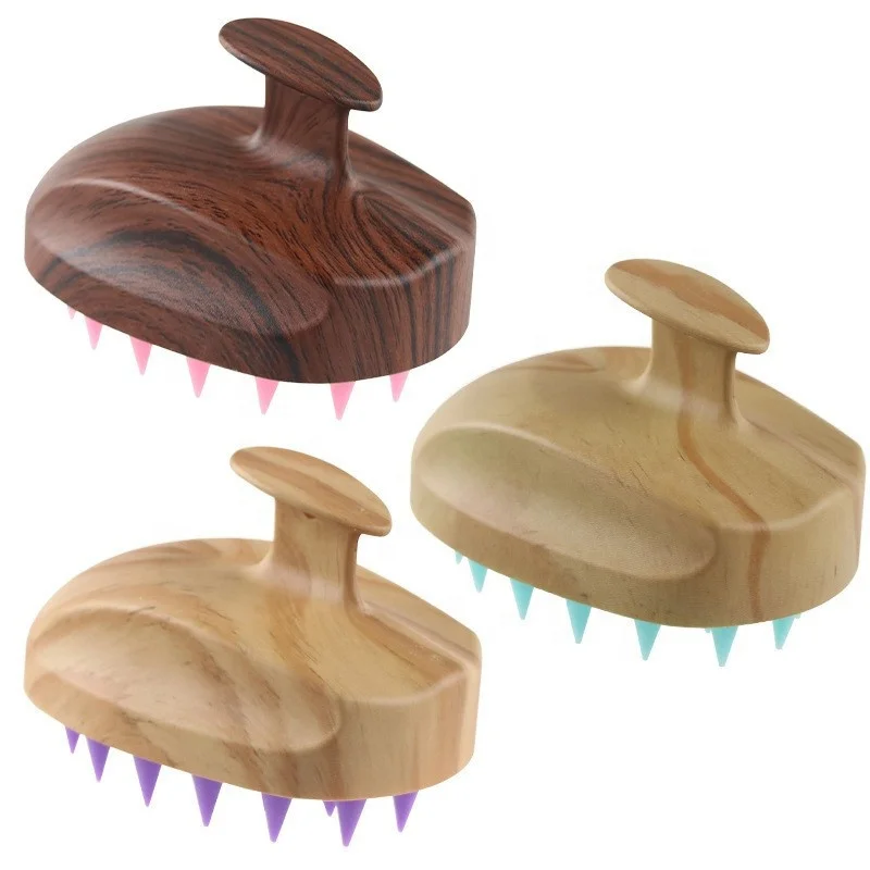 Silicone scalp brush wooden hand head massage hair brush 100% vegan hair wash brush