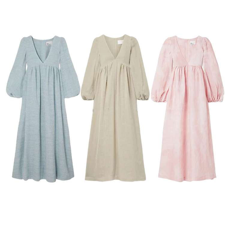 custom high end Summer european clothing OEM elegant vintage V-neck Maxi Ladies long sleeve Women dress casual 100% Linen Dress