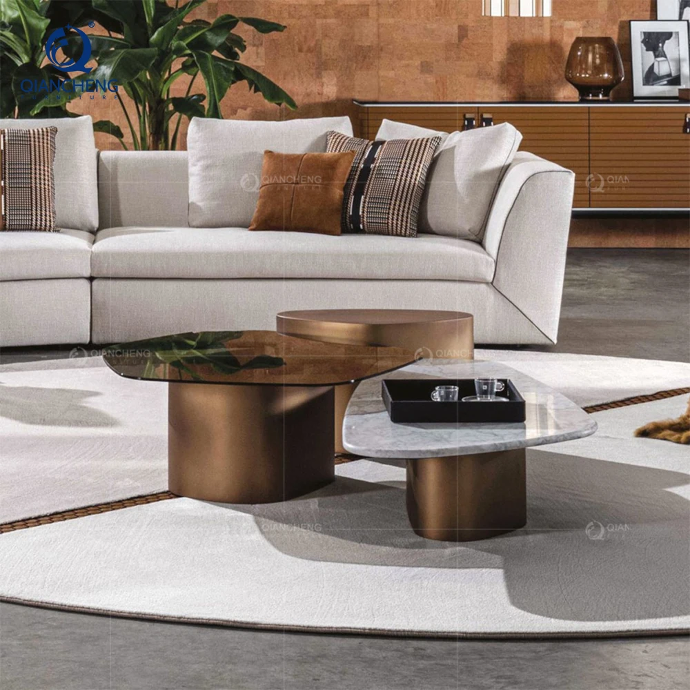 Custom furniture foshan nesting round end side coffee table gold stainless steel  living room marble coffee table set luxury