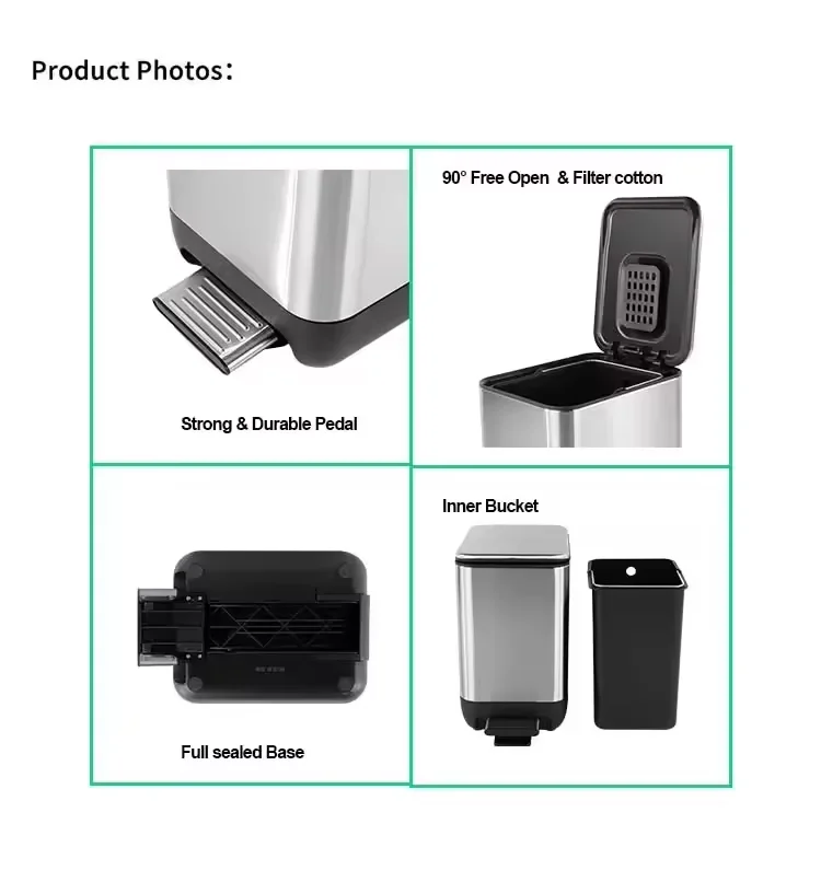 Stainless Steel 410 9L Rectangle Pedal Bin Soft Close Bathroom Trash Bin Household Kitchen Trash Bin with Stable Pedal