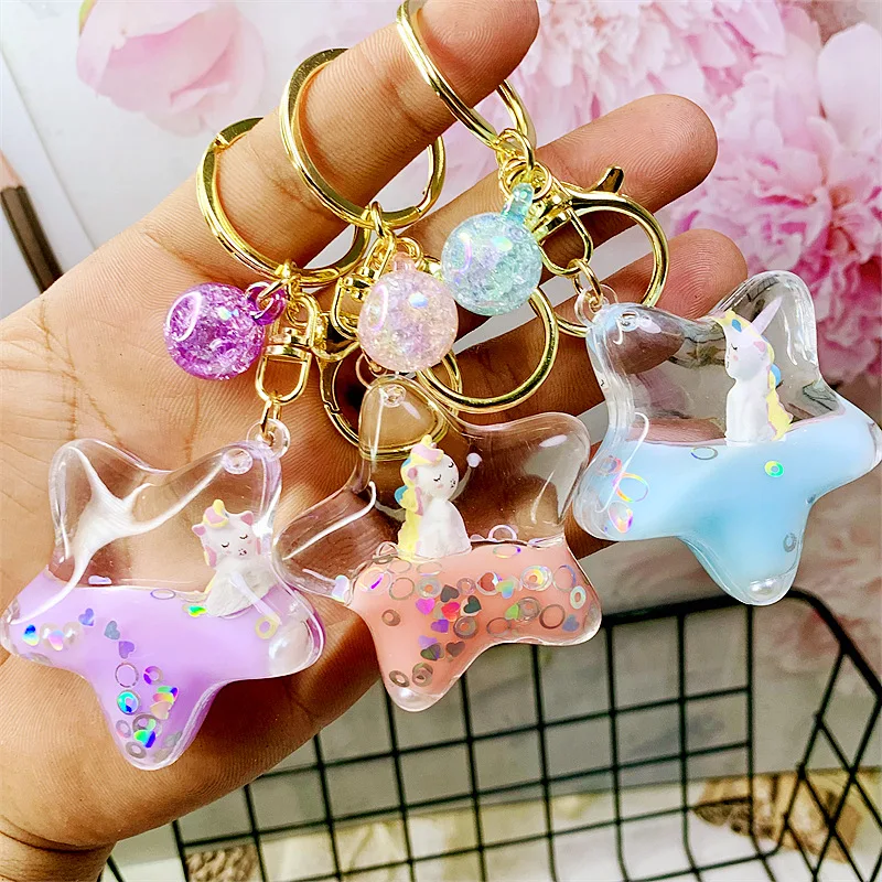 3D Cute Cartoon Unicorn Keychain Boba Milk Tea Floating Liquid Sequin Key Chain Car Charm Keyring Bag Pendant For Women Men Kids