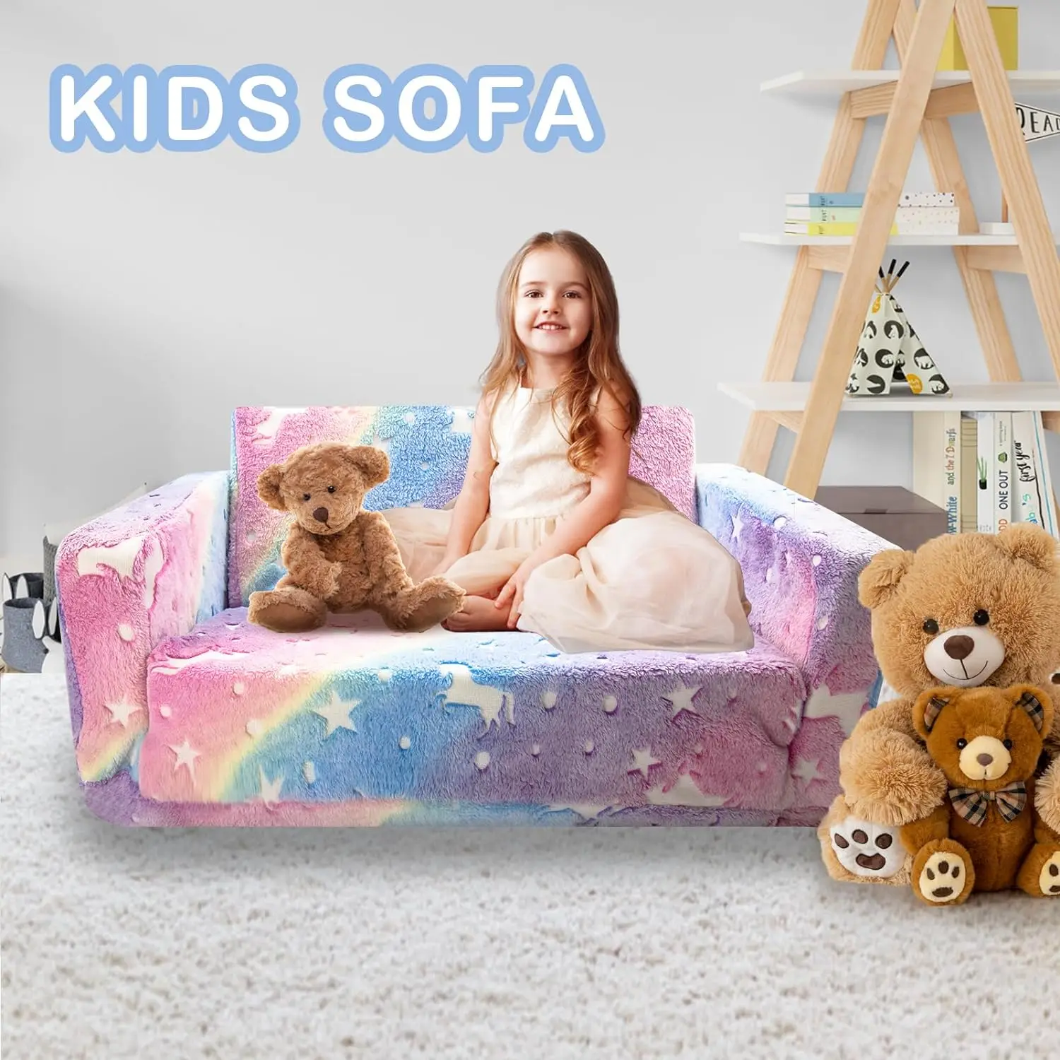 Kids Sofa Toddlers Sofa with Blanket Glow in the Dark Kids Couch Fold Out Toddlers Play Couch 2 Seats Couch for Kids Toddlers