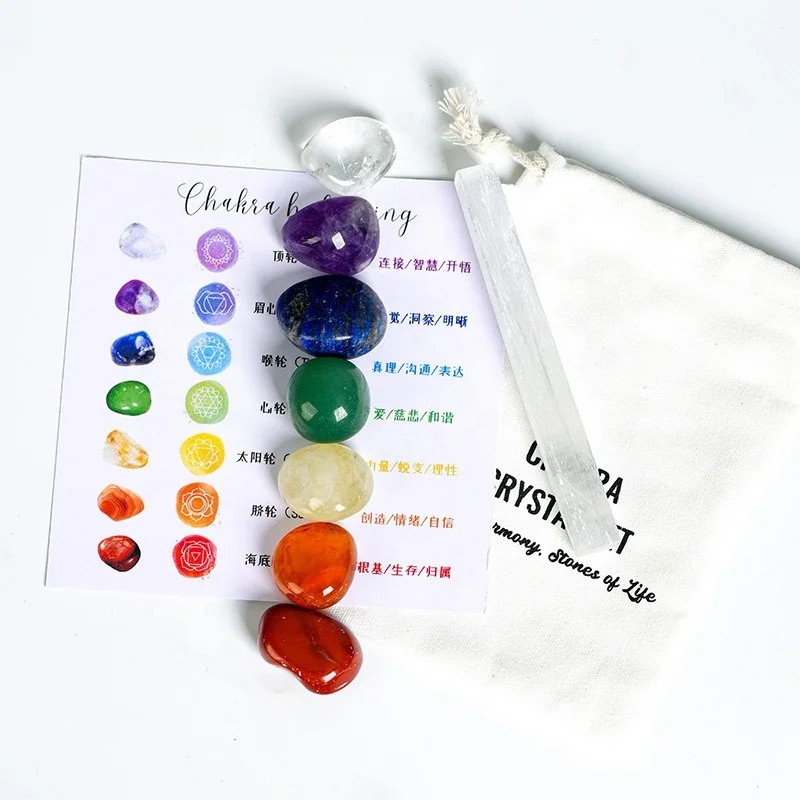 7pcs Natural Crystal Rolling Stone Chakra Set Selenite Board Energy Transmission Healthy Quartz Chakra Yoga Gem kit