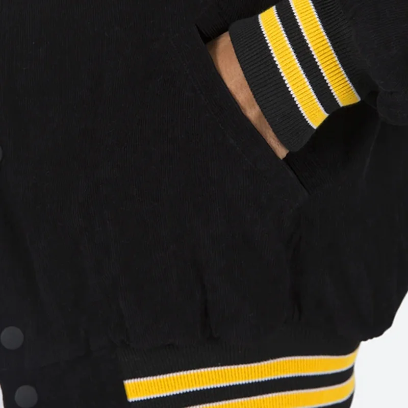 Wholesale Custom Logo Chenille Embroidery Patched Black Patchwork Corduroy Baseball Cotton Letterman Jacket For Men