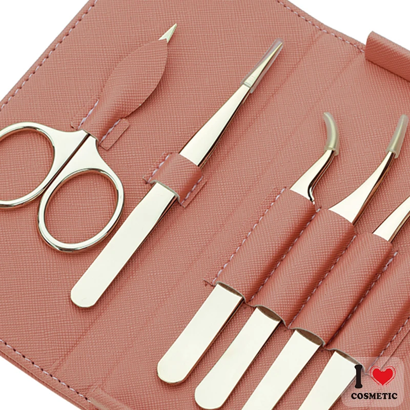 Golden Color Competitive Price False Eyelashes Applicator Tools Set Stainless Steel False Eyelash Clips with Leather Case