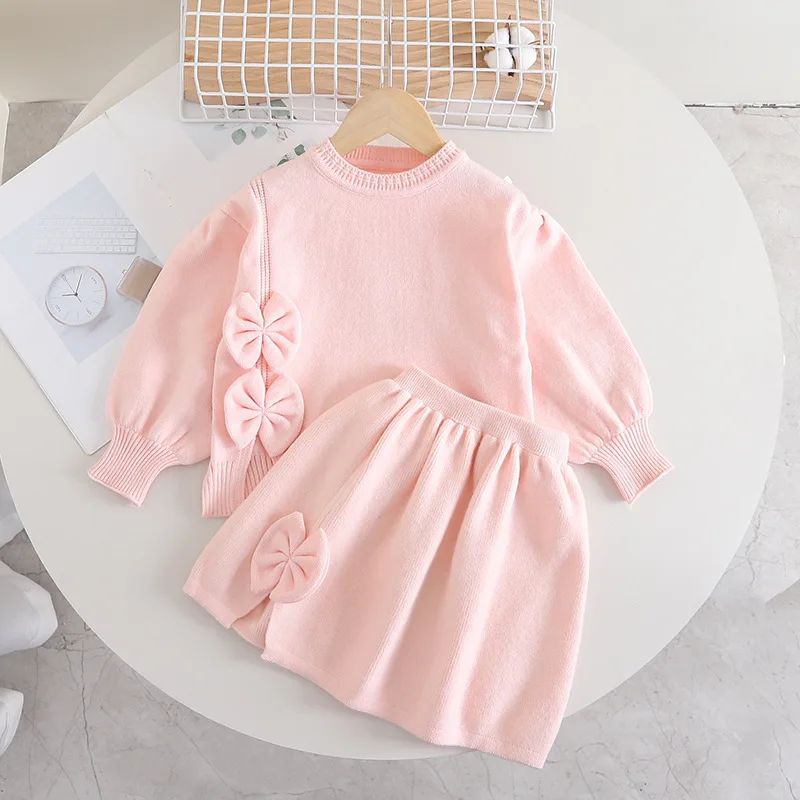 Knitted Sweet Bow Kids Sweater Set Popular Comfortable Soft Kids Dress Girls 2 Pcs Set Round Neck Girls Sweater Skort