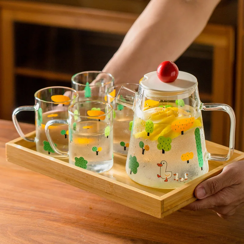 Cute Duck Design Cold Water Kettle Heatproof Borosilicate Glass Tea Pot and Cups Glass Water Pitcher with Lid