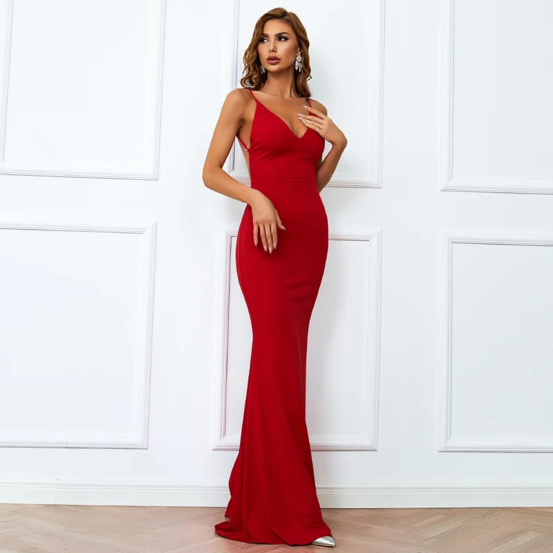 Wedding Party Dresses Banquet Backless Floor Length Cami V-neck Ladies Mermaid Dresses