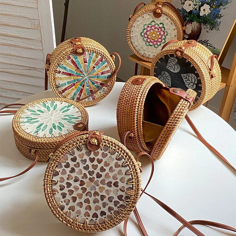 Wholesale summer beach bag round bali rattan bag vintage single shoulder print flower handbag straw bag