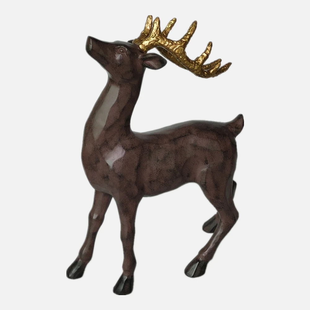 Resin Standing Metal Effect Reindeer Statue with Gold Antler Polyresin Deer Sculpture Figurine Christmas Decoration