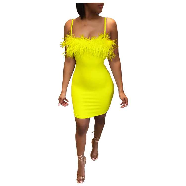 A92242 Women sexy mini dress fitness dress for women feather  off shoulder sleeveless dress for evening party wholesale