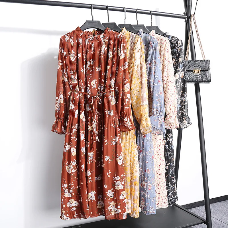 Korea design high quality elegant long sleeves floral printed chiffon women dresses OC202