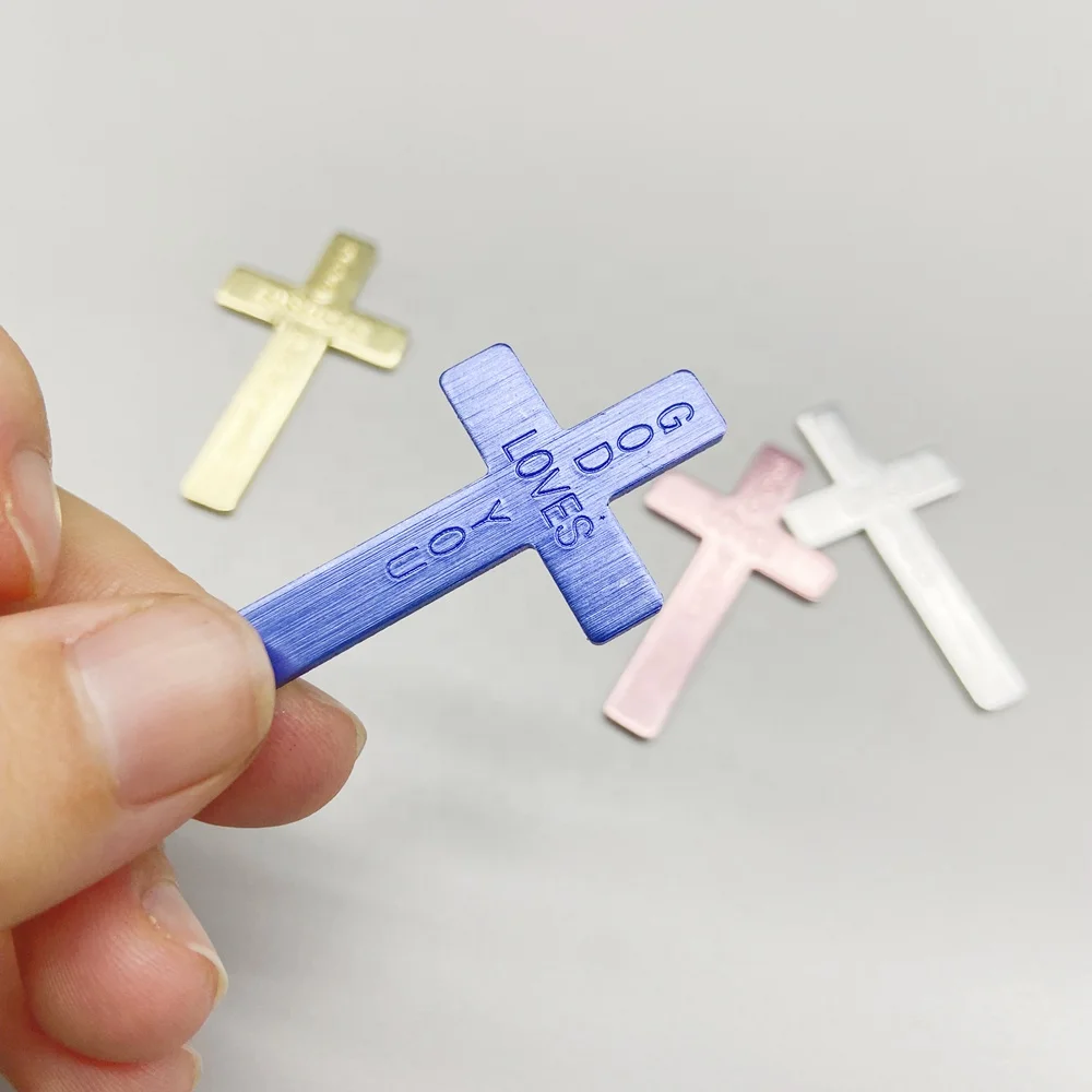 God Loves You Pink Silver Yellow 1.5mm thickness Pocket Aluminum Cross Pendant With Engraved Letters