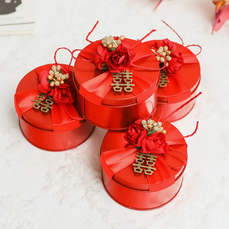 Rectangular /Round Metal Gold Red Wedding Candy Tin New Tinplate Wedding Gift Case Tins with small flower decorations TB110102
