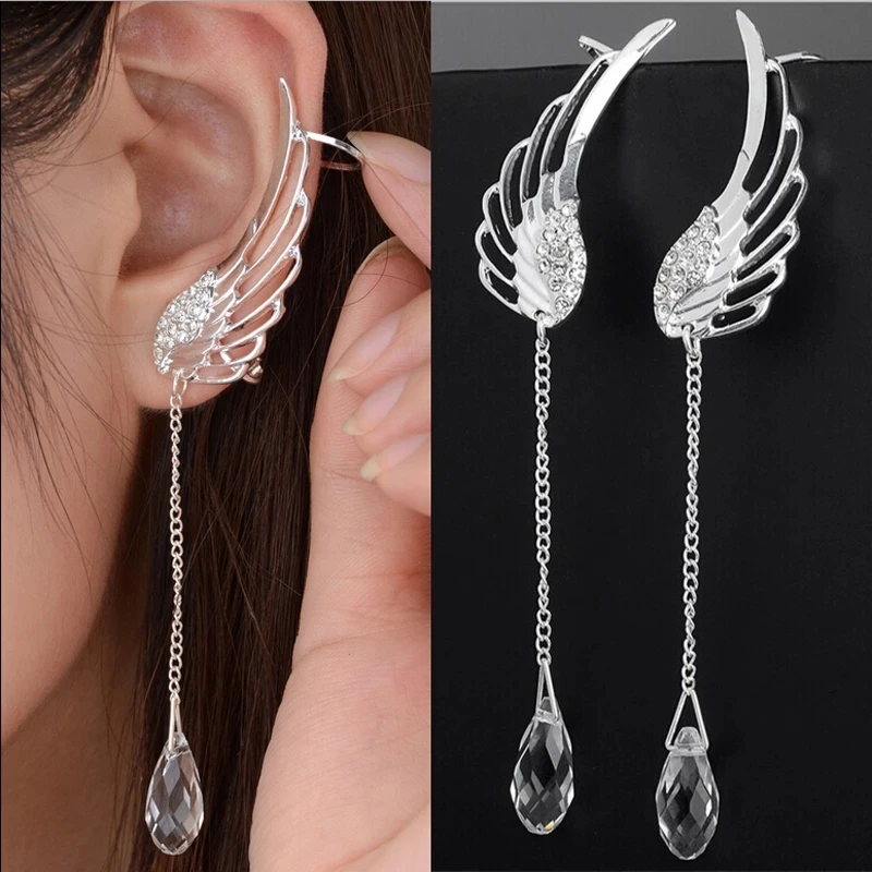 New Silver Plated Angel Wing Crystal Earrings Drop Dangle Ear Stud For Women Long Cuff Earring Bohemia