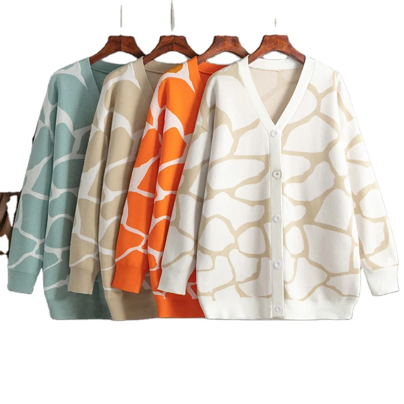 Winter Fall V Neck Button Line Patchwork Color Pattern Knitted Sweater Cardigan Women