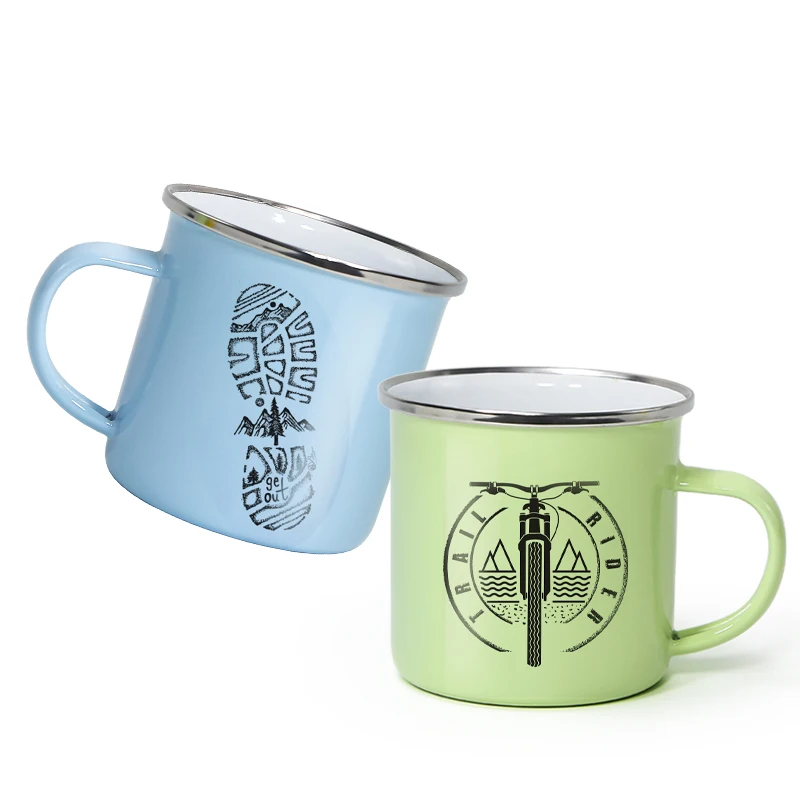 Custom Logo Business Christmas Gifts Sublimation Outdoor 11oz 350ml Camping Enamel Coffee Mug with Stainless Silver Rim