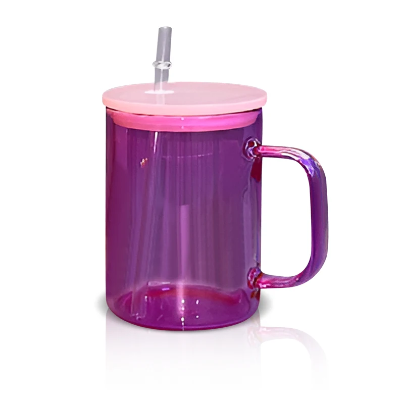 AGH USA China Warehouse 15oz Colorful jelly Sublimation Glass Mug glass beer can With Handle with Colored Lids for DIY Printing