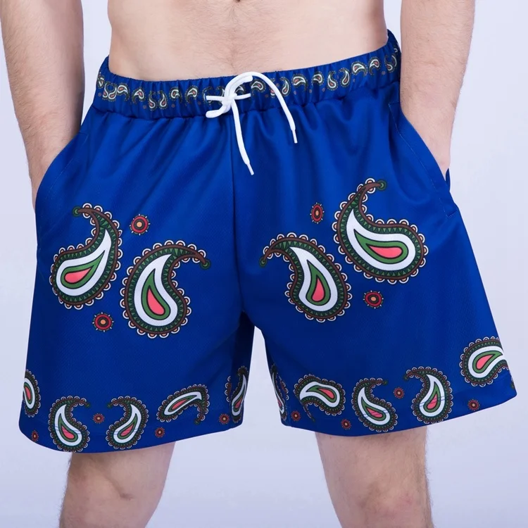 Buker Polyester Breathable Red Custom Mens Mesh Paisley Bandana Printed Shorts With Side Pockets Rear Pocket