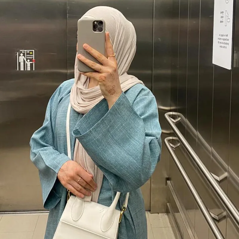 2023 The New Fabric Designs Plain Color Closed Linen Abaya Dress Muslim Linen Abaya Coat Kimono For Women Dress