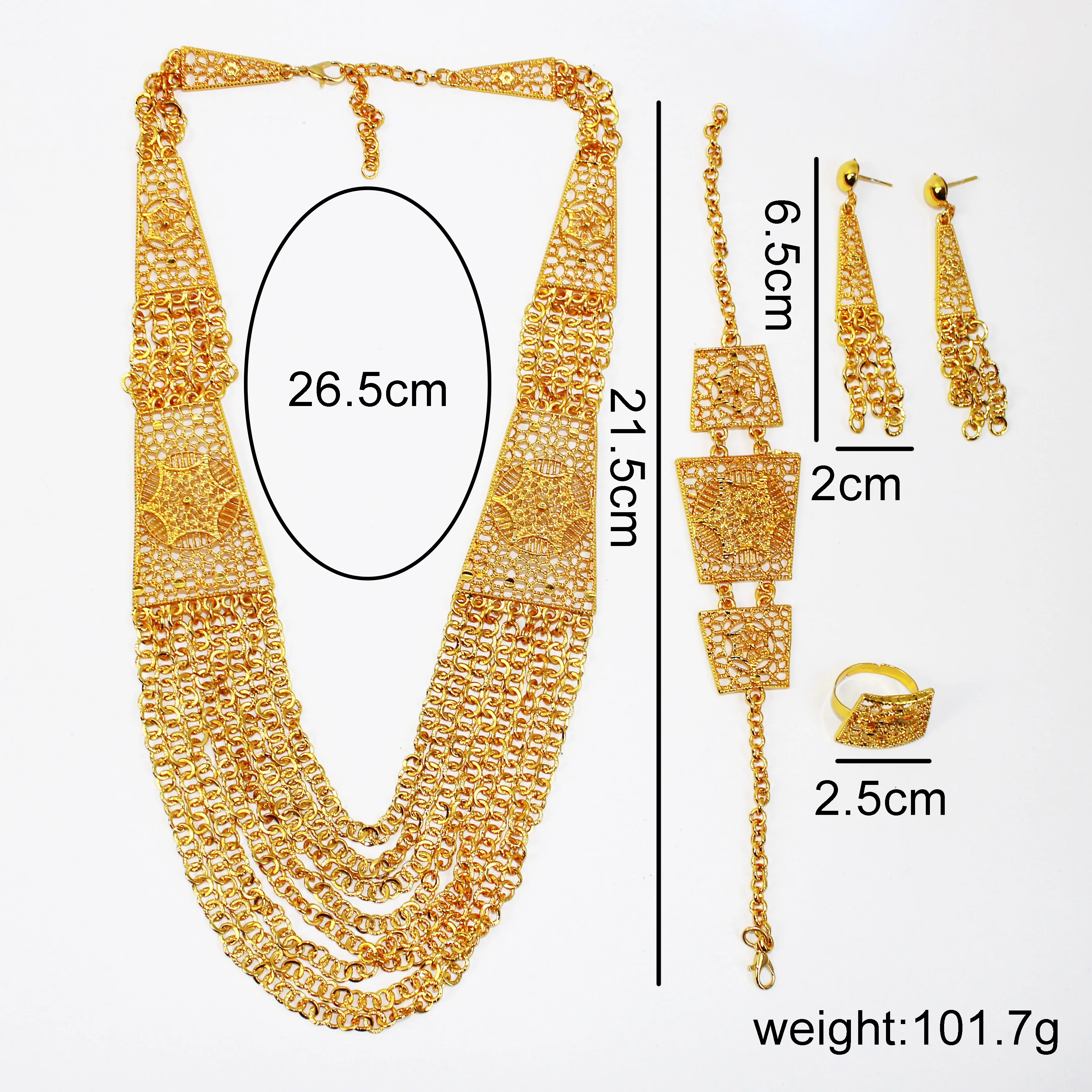 JachonJewelry Dubai New style 24K Gold Plated Jewelry Set Bridal Wedding necklace earrings bracelet and ring set