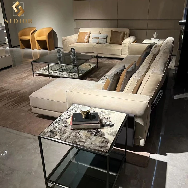 L shape sofa big villa living room furniture large  leather section sofa customized size luxury sofa set