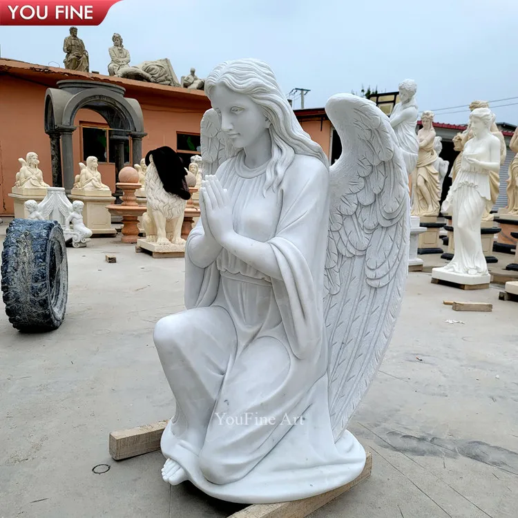 Life Size Hand Carved Praying White Marble Kneeling Angel Statue