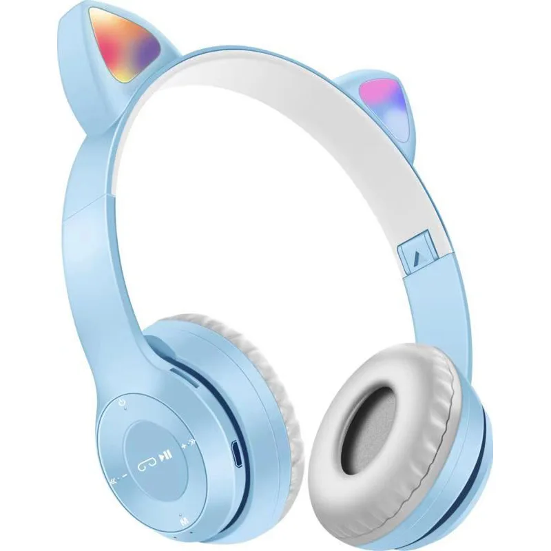Blue BT tooth Cat Ears Kids Headphones with Mic Wireless Foldable Headphones with LED Lighting and 85db Volume Limit for School