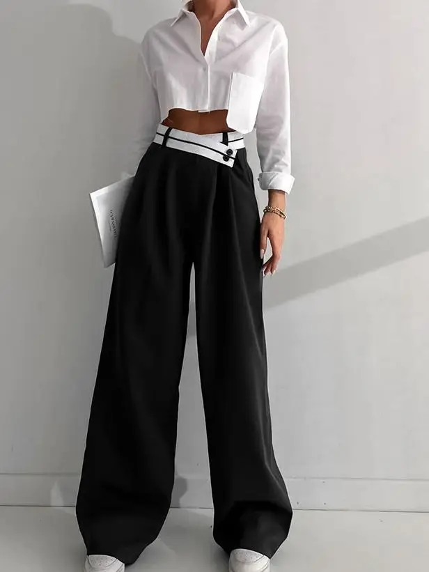 Summer Autumn High Waist Ladies Office Baggy Black Casual Pants Women Wide Leg Trousers Dacron 2 Piece Knitted Sample Available Custom Logo Printed Embroidered