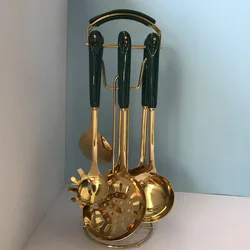 Hot Sale Luxury Utensil Set Kitchenware 7pcs Stainless Steel Kithchen Set Gold Plated Cookware Ceramic Handle Utensil Set