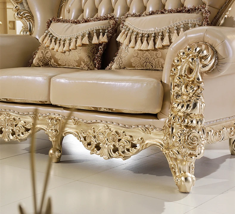 italy Gold color leather sofa solid wood 7 seat arabic living room sofas