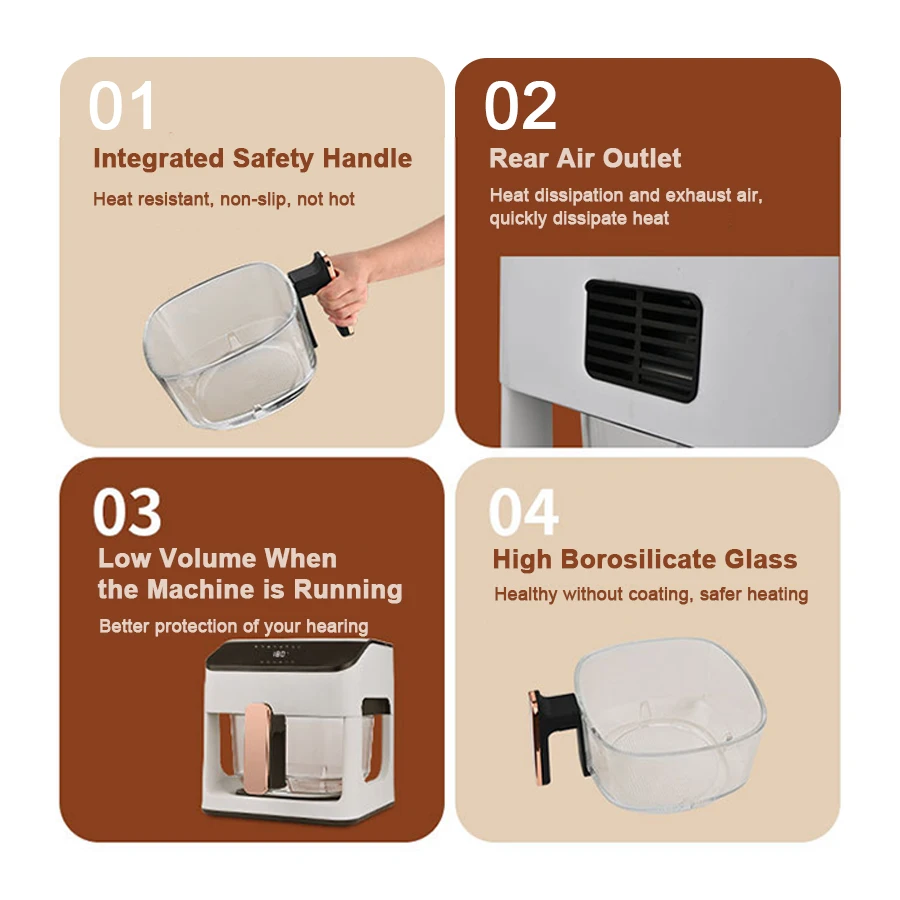 Intelligent Transparent Visible High Borosilicate Glass Bowl Basket Pan Electric Smart Digital  Visual Air Fryer for Household