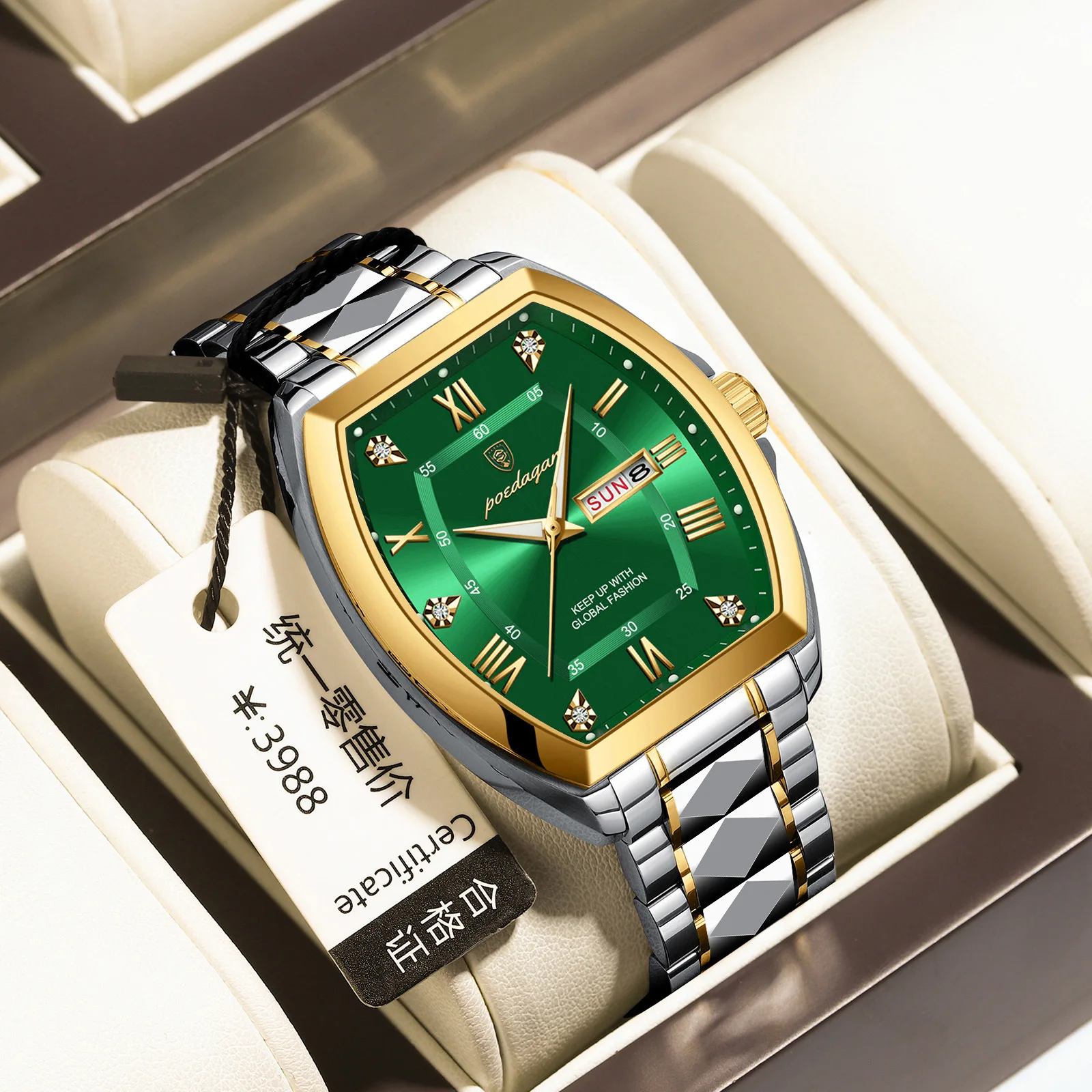 POEDAGAR 958 Luxury Watch Stainless Steel Luminous Waterproof Date Week Mens Watches Tonneau Case Quartz Watches Reloj 2024 New