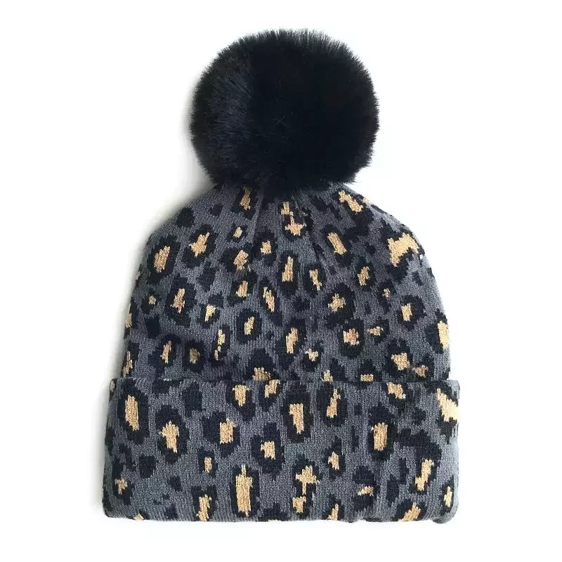 Wholesale New Lady Cheetah Leopard Pom Pom Knitted Hat Fashion Women Kids Winter Hats Toddler Kids Baby Beanies