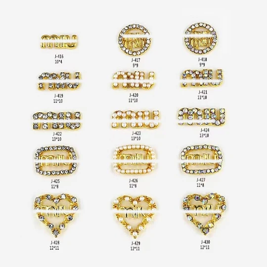 2024 luxury brand LOGO nail charms gold silver full zircon metal pearl nail parts 3D style LOGO nail art