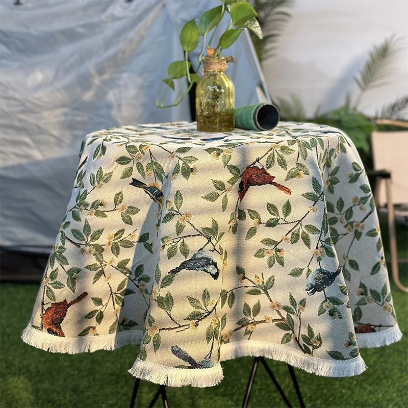 Тканевая круглая жаккардовая скатерть с узором в виде цветов и птиц для украшения дома