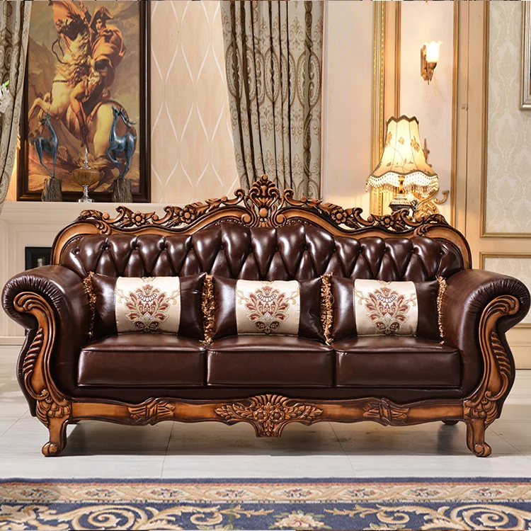Chuangdian Foshan Factory Customized Luxury European Style Solid Wood Frame Brown Vintage Genuine Leather Living Room Sofa