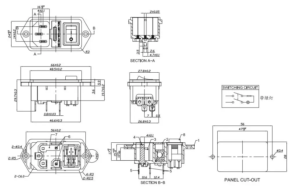 manufacture supply hight quality 10A 250V IEC C14 AC POWER socket with  green light rocker switch and fuse holder