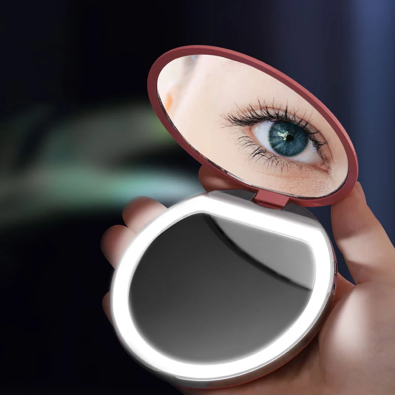 Private Label Cosmetic Handheld Makeup Mirror Round Folding Portable LED Vanity Mirror For Women